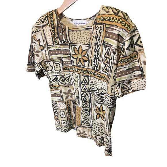 Vintage 90s Cathy Daniels Brown Patterned Round Neck Short Sleeve Top Sz M - Picture 3 of 6